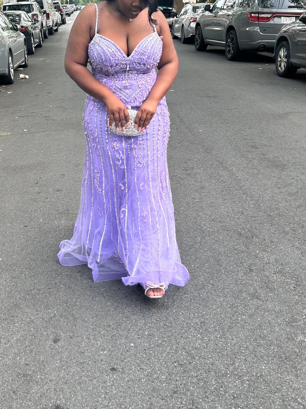 Lavender Beaded Spaghetti-Strap Evening Gown